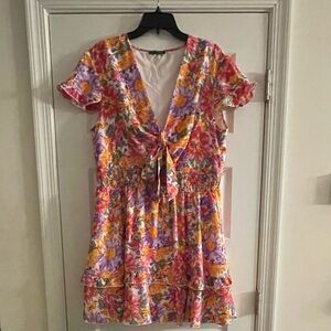 EUC, “PrettyGarden” Floral Print Dress of Pink Purple Orange & Green on White